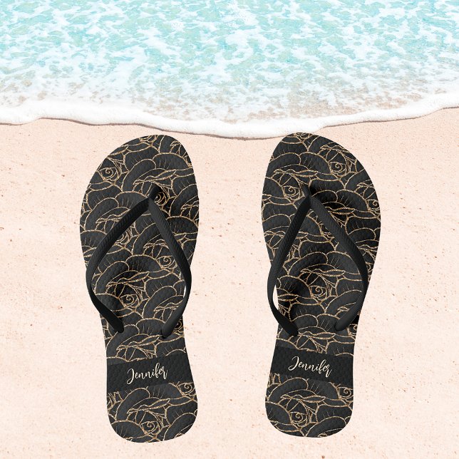 Blume-Namensschrift für Schwarzes Gold-Rose Flip Flops (Von Creator hochgeladen)