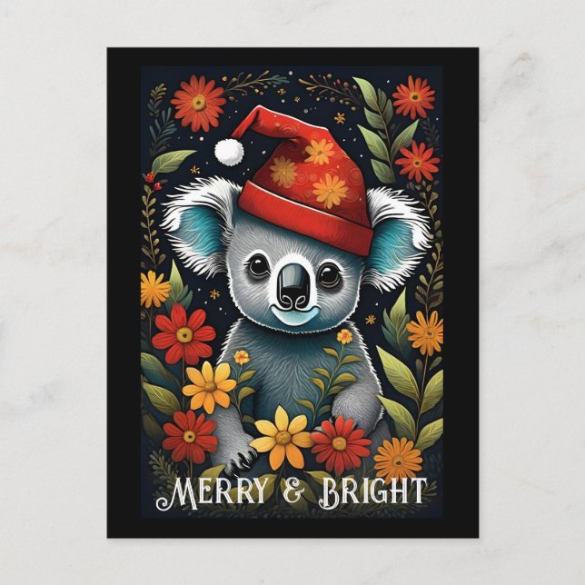 Blume Niedlich Santa Koala Bär Schwarze Weihnachts Postkarte (Vorderseite)