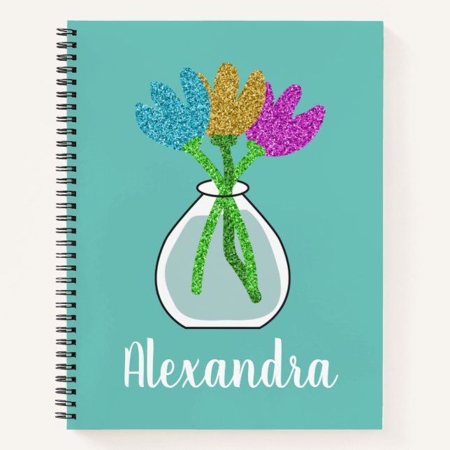 Blume niedlicher Glitzer Personalisiert Notizbuch (Vorderseite)