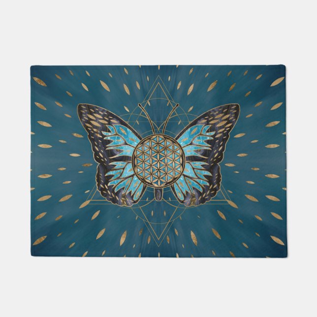 Blume of Life Butterfly - Blauer Edelstein und Gol Fußmatte (Vorderseite)