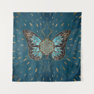 Blume of Life Butterfly - Blauer Edelstein und Gol Wandteppich
