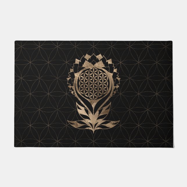 Blume of Life Lotus - Schwarz und Gold Fußmatte (Vorderseite)