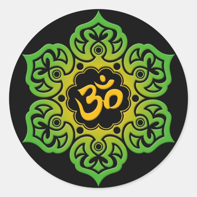 Blume Om auf schwarz, gelb und grün Runder Aufkleber (Vorderseite)