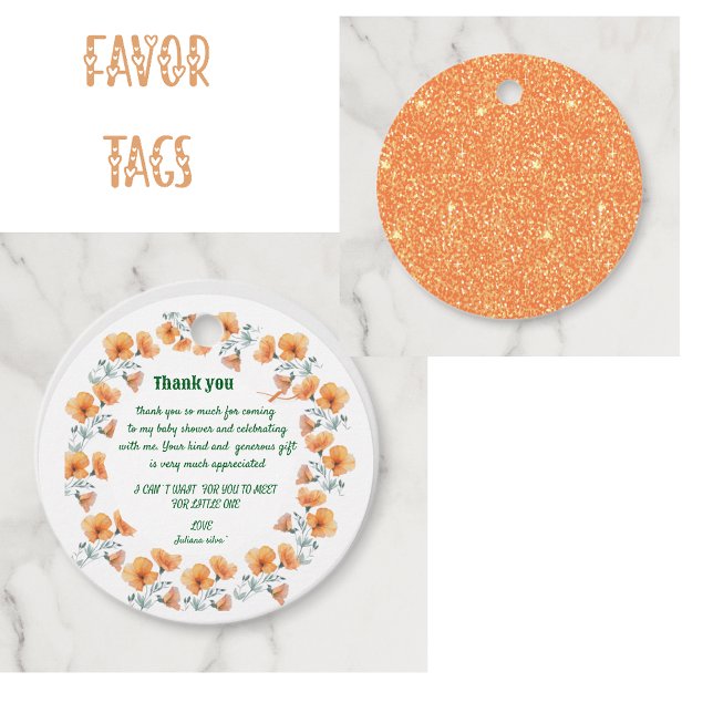 Blume-Orange-BabyduscheLiebesmarken Geschenkanhänger (thankyou card wild flower orange baby shower )