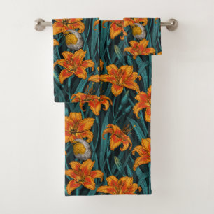 Blume, orange und blau badhandtuch set