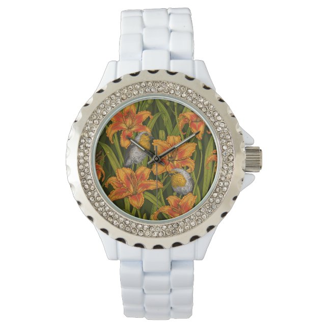 Blume, orange und dunkelgrün armbanduhr (Vorderseite)
