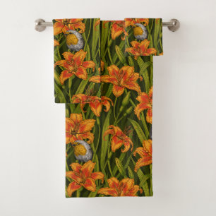 Blume, orange und dunkelgrün badhandtuch set