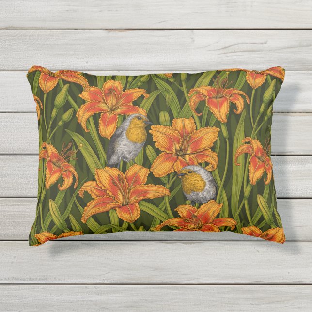 Blume, orange und dunkelgrün kissen für draußen (Vorderseite)