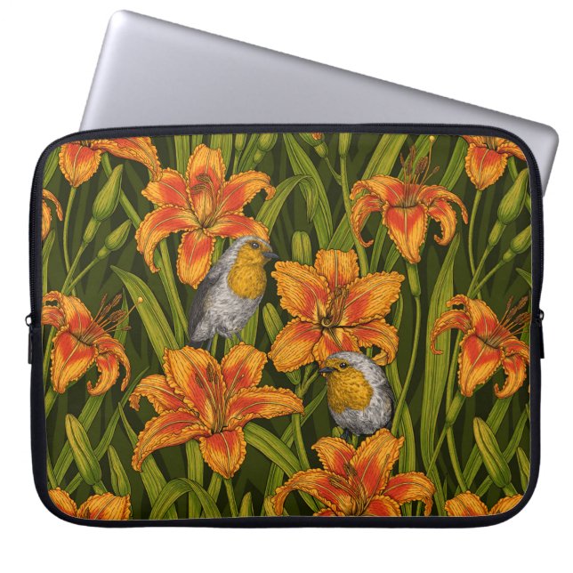 Blume, orange und dunkelgrün laptopschutzhülle (Vorderseite)