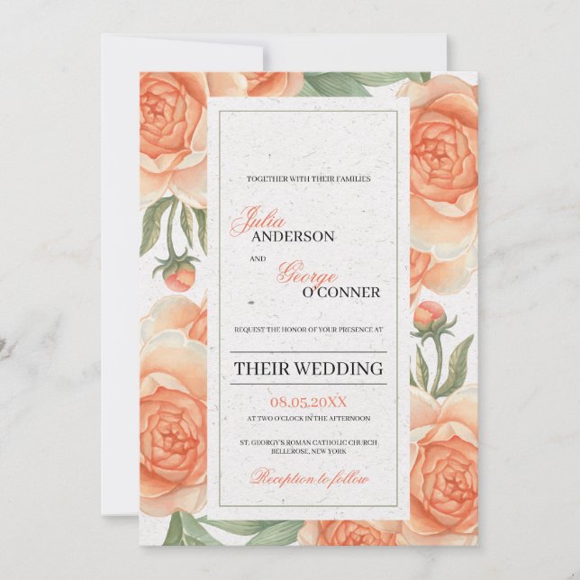 Blume Orangenkorallen Blumen Hochzeit Einladung (Vorderseite)