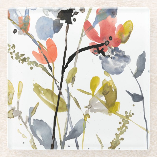 Blume Overlay - Aquarell-Blume und -Stiele Glasuntersetzer (Vorderseite)