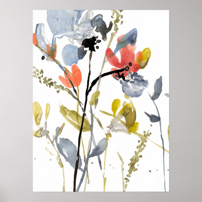 Blume Overlay - Aquarell-Blume und -Stiele Poster (Vorne)