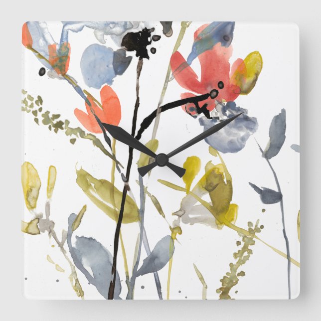 Blume Overlay - Aquarell-Blume und -Stiele Quadratische Wanduhr (Vorderseite)