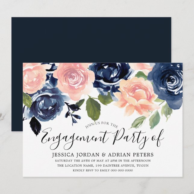 Blume-Party für Navy Blue Blink Pink Einladung (Vorne/Hinten)