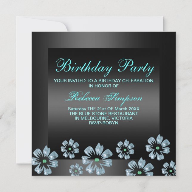 Blume Party Schwarz/Blau Geburtstag Einladung (Vorderseite)
