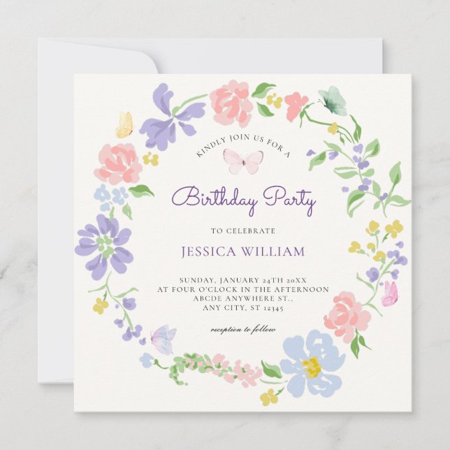 Blume Pastel mit Schmetterlingen Geburtstag Einladung (Vorderseite)