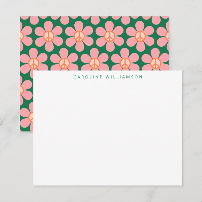 Blume "Peace Sign Green Pink Custom Stationery" Mitteilungskarte (Vorne/Hinten)