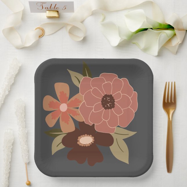Blume Peach Gray Botanische Veranstaltung Pappteller (Hochzeit)