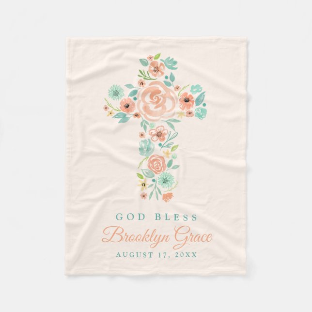 Blume Peach und Mint Wasserfarbe Kreuztaufe Fleecedecke (Vorderseite)