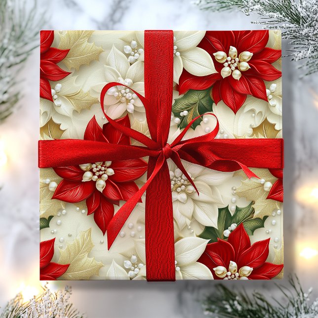 Blume Pearls Weihnachten Geschenkpapier (Beige & Red Poinsettia Flower Pearls Christmas Wrapping Paper)