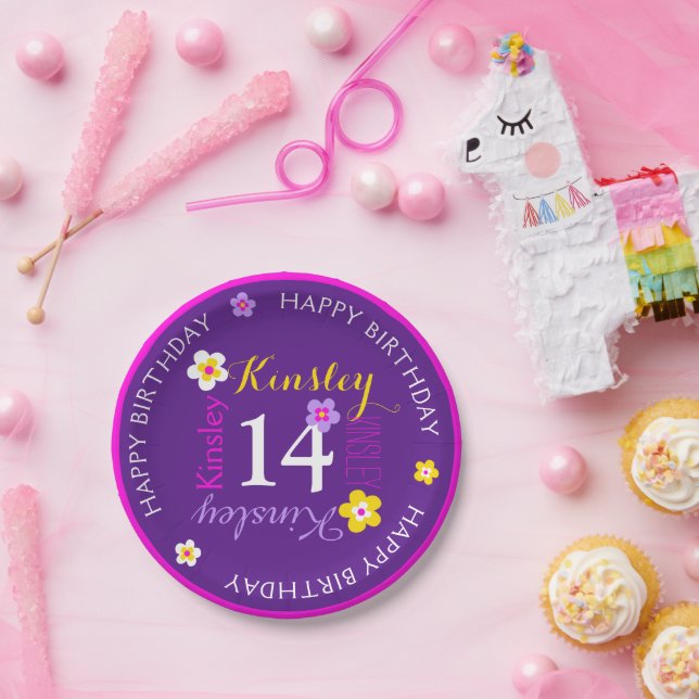 Blume personalisierter Name 14. Geburtstag lila Pappteller (Party)