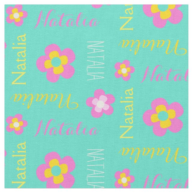 Blume personalisierter Name Rosa Aqua Textilien Stoff (Nahaufnahme)