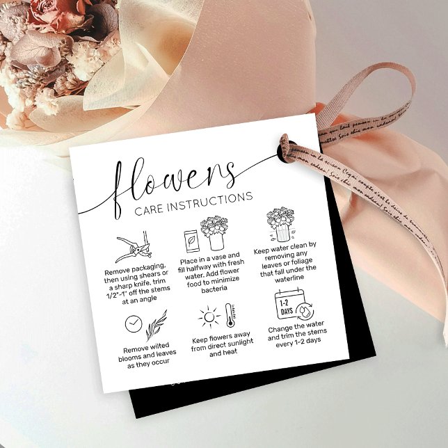 Blume Pflege Minimalistisches Logo Florist Hang Ta Geschenkanhänger (Modern black and white flowers care instructions hang tags with icons and your logo)