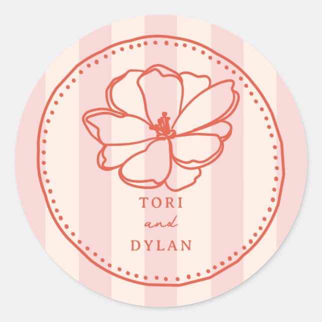 Blume Pink Tropical Stripe Wedding Runder Aufkleber (Vorderseite)