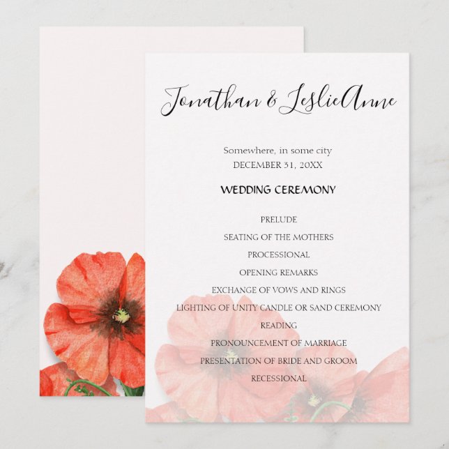 Blume Poppy Hochzeitsprogramm L2 Einladung (Vorne/Hinten)