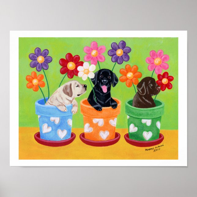 Blume Pot Labrador Welpen Kunstwerk Poster (Vorne)