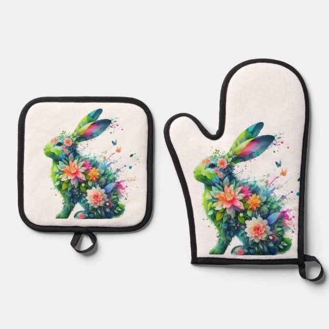 Blume Power Bunny Rabbit Ofenhandschuh & Topflappen-Set (Vorderseite)