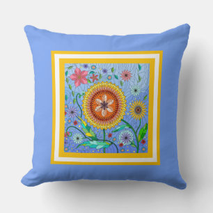 Blume Power! Farbenfrohe bemalte Blume auf blau Kissen