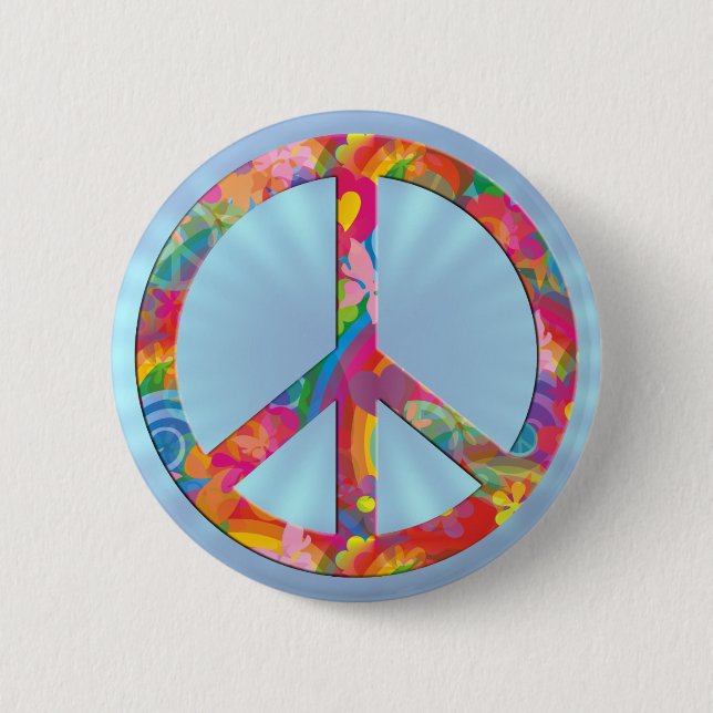 Blume Power Frieden | hellblau glänzen Button (Vorderseite)