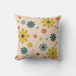 Blume Power Retro 60er Muster Mustard Blue Orange Kissen