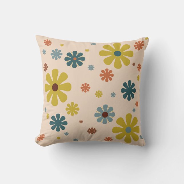 Blume Power Retro 60er Muster Mustard Blue Orange Kissen (Vorderseite)