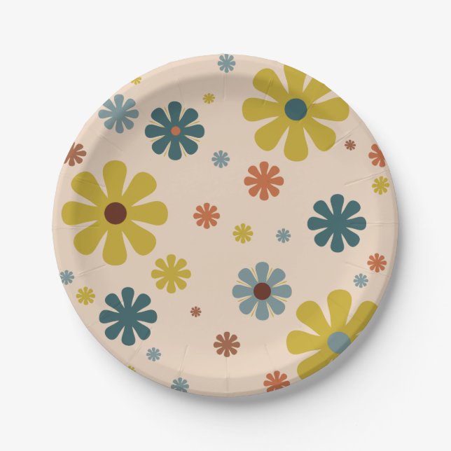 Blume Power Retro 60er Muster Mustard Blue Orange Pappteller (Vorderseite)