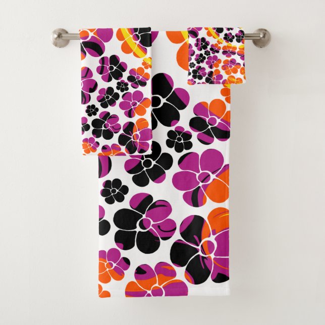Blume Power - Schwarz, Rosa, Orange und Gelb Badhandtuch Set (Insitu)