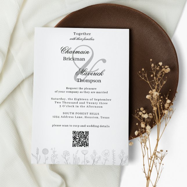 Blume Qr-Hochzeit mit schwarz-weißer Hand Einladung (Von Creator hochgeladen)