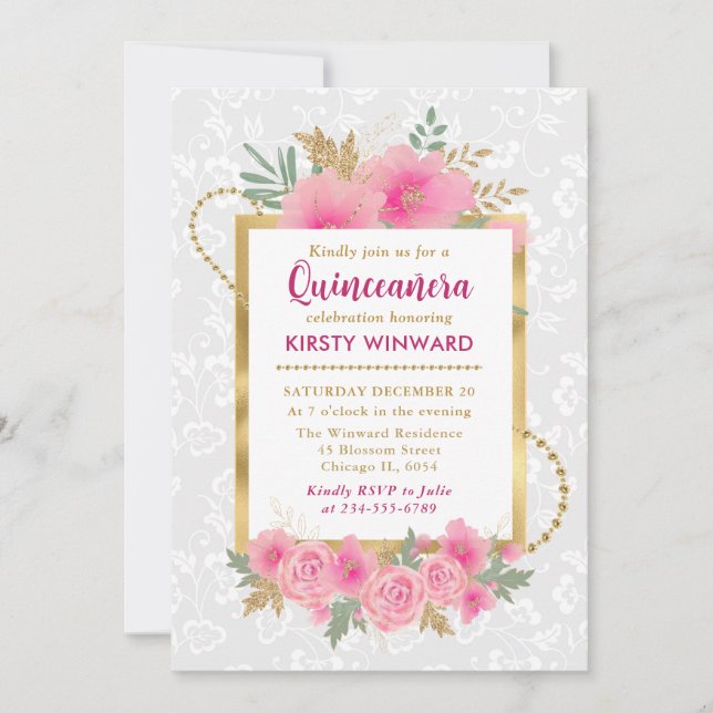 Blume Quinceanera Einladung (Vorderseite)