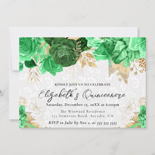 Blume Quinceanera, grün und goldfarben Einladung (Vorderseite)