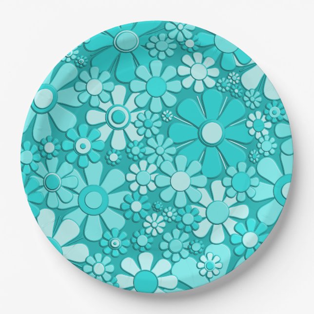 Blume Retro 60er 70er Blumenmuster Cyan Pappteller (Vorderseite)