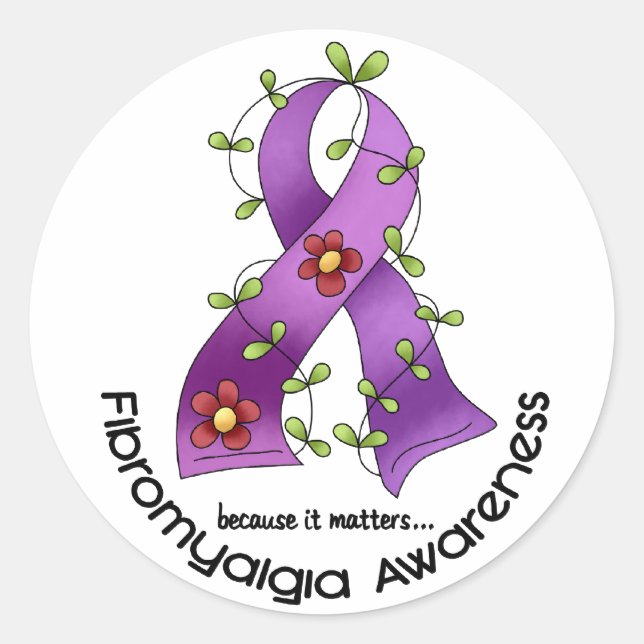 Blume Ribbon FIBROMYALGIA T - Shirt Runder Aufkleber (Vorderseite)