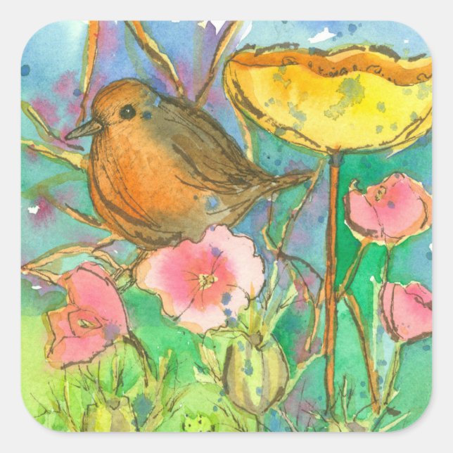 Blume Robin Bird Quadratischer Aufkleber (Vorderseite)