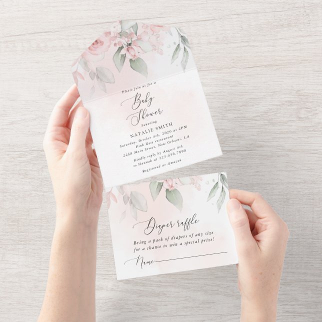 Blume, rosa Blume, Boho, Babydusche All In One Einladung (Abreißen)