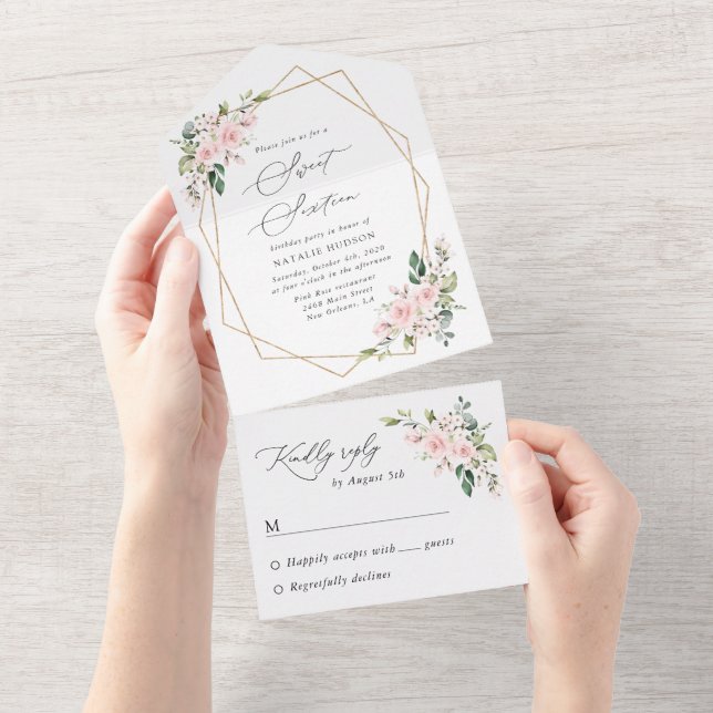 Blume, rosa Blume, Boho, süß 16 All In One Einladung (Abreißen)