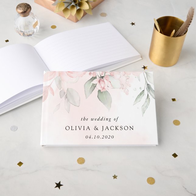 Blume, rosa Blume, Grünpflanzen, Hochzeit Gästebuch (Vorderseite Offen)
