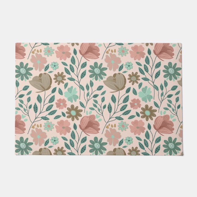 Blume rosa, botanisch-grünbraune Türmchen Fußmatte (Vorderseite)