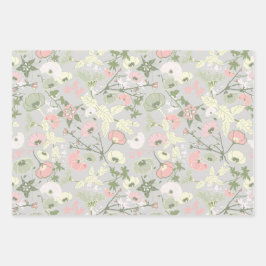 Blume Rosa Grünes botanisches Muster Geschenkpapier Set