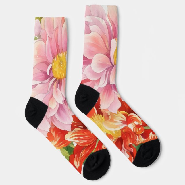 Blume Rosa und Rot Dahlien Kunst-Socken Socken (Rechts)