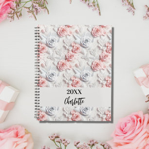 Blume rosa, weiße Musternamen Skript 2026 Planer